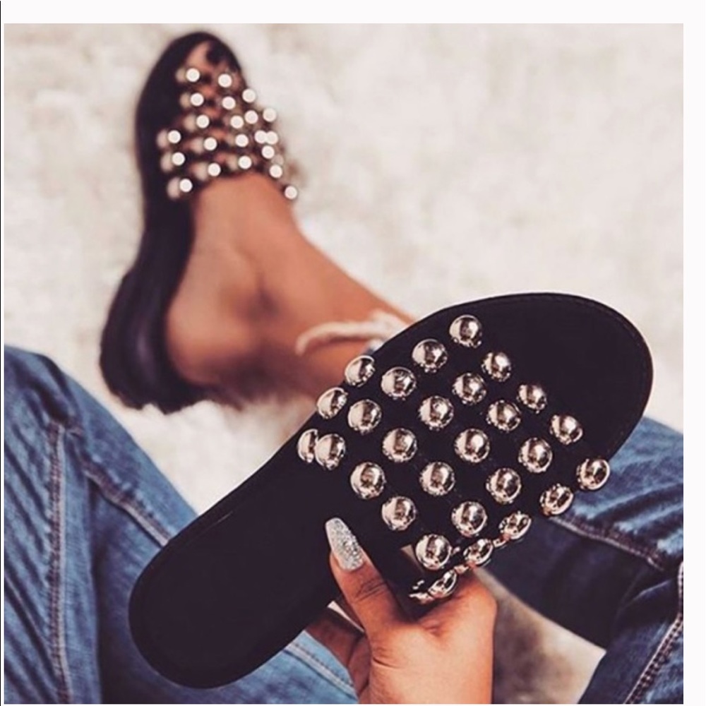 Black Suede silver studded slides